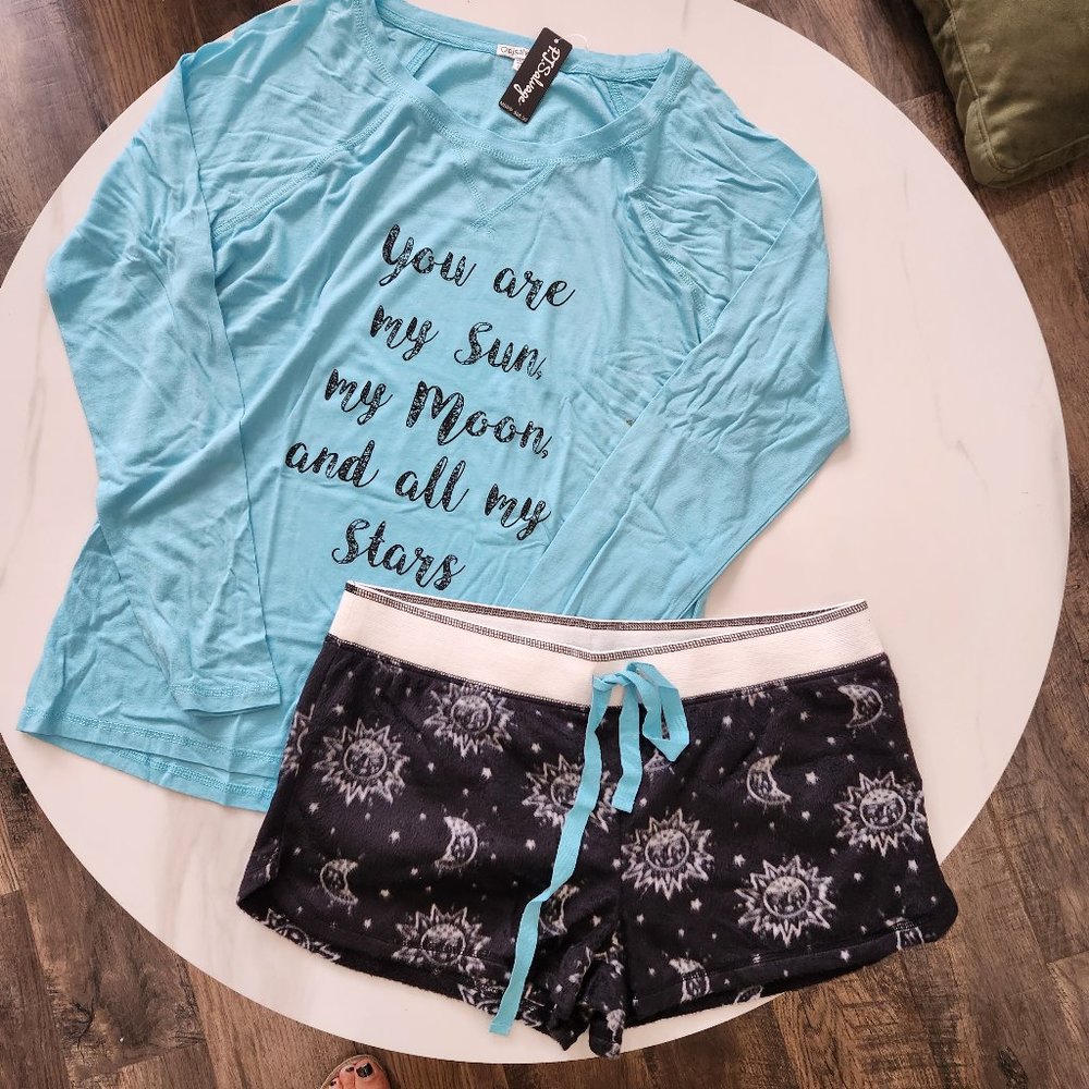 PJ Salvage Pajama Set Small Long Sleeve Shirt Shorts Sun Moon Stars Blue Black